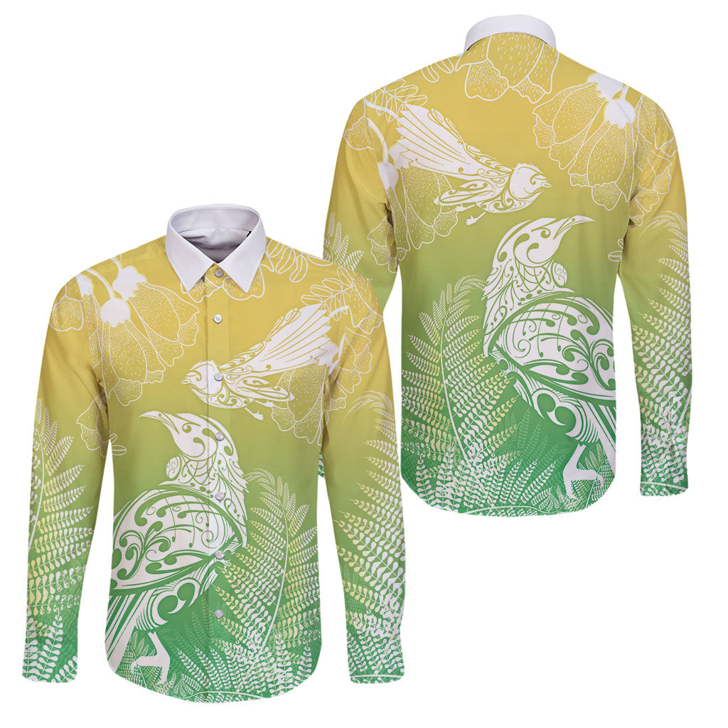 Aotearoa Maori Mahuru Tui With Pikawakawa Family Matching Off The Shoulder Long Sleeve Dress and Hawaiian Shirt Spring Time LT7 Dad's Shirt - Long Sleeve Green - Polynesian Pride
