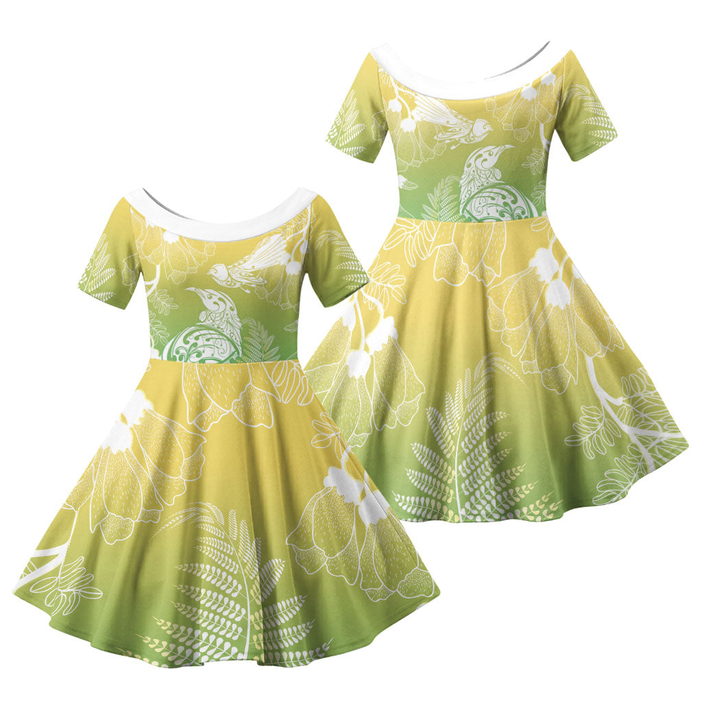 Aotearoa Maori Mahuru Tui With Pikawakawa Family Matching Puletasi and Hawaiian Shirt Spring Time LT7 Daughter's Dress Green - Polynesian Pride