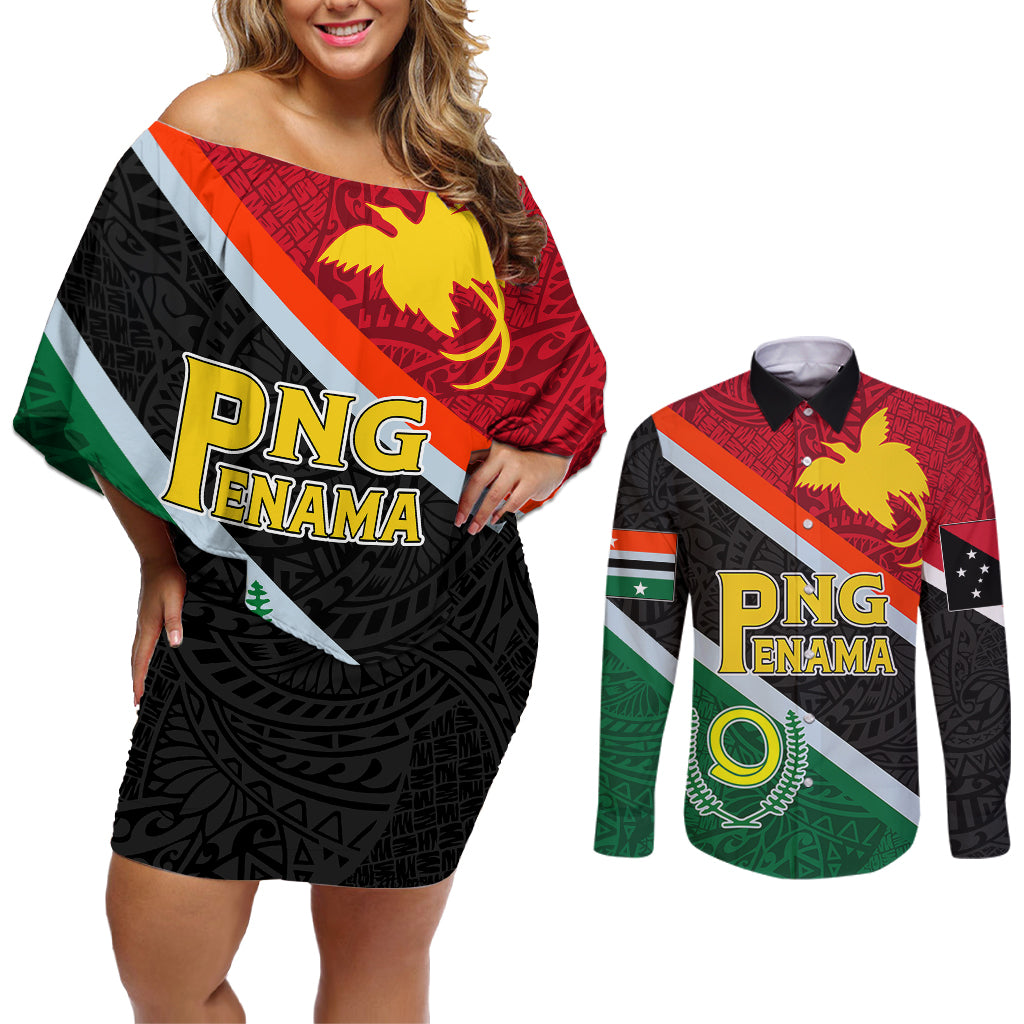personalised-penama-and-papua-new-guinea-day-couples-matching-off-shoulder-short-dress-and-long-sleeve-button-shirts-emblem-mix-style