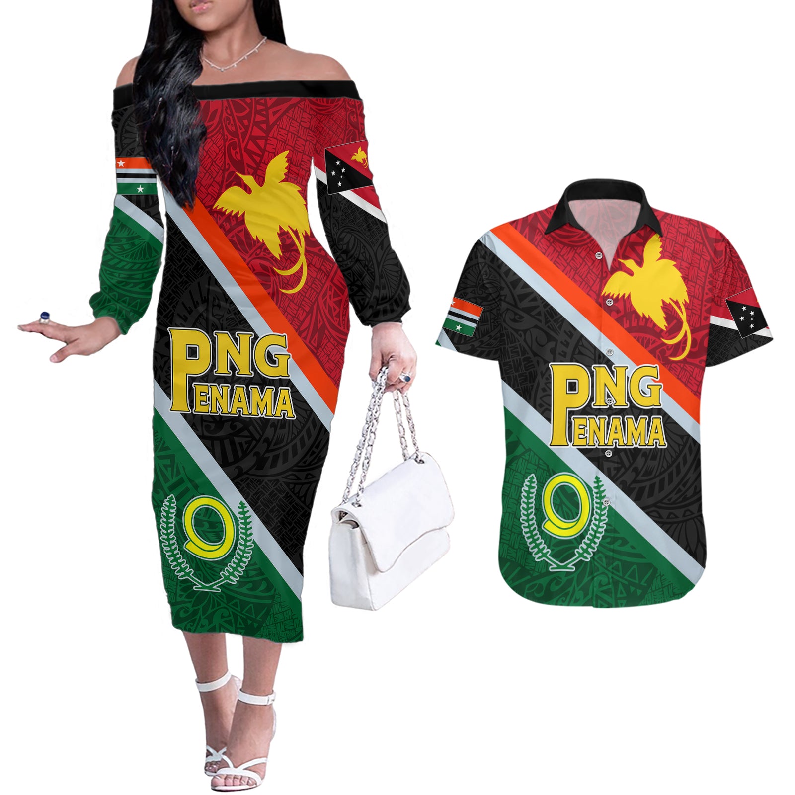 personalised-penama-and-papua-new-guinea-day-couples-matching-off-the-shoulder-long-sleeve-dress-and-hawaiian-shirt-emblem-mix-style