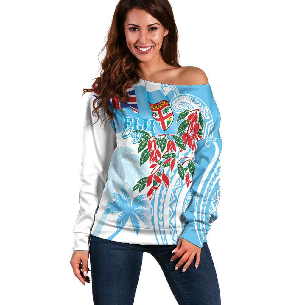 Bula Fiji Day Tagimaucia Palms Off Shoulder Sweater Toso Mai Viti LT7 Women Turquoise - Polynesian Pride