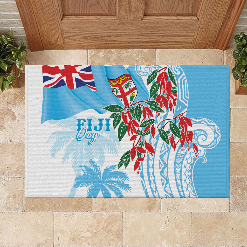 Bula Fiji Day Tagimaucia Palms Rubber Doormat Toso Mai Viti LT7 Turquoise - Polynesian Pride