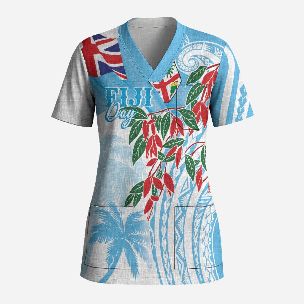 Bula Fiji Day Tagimaucia Palms Scrub Top Toso Mai Viti LT7 Adult Turquoise - Polynesian Pride