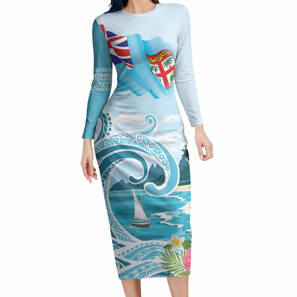 Bula Fiji Seascape Long Sleeve Bodycon Dress Fiji Day - Islands Heritage LT7 Long Dress Multicolor - Polynesian Pride