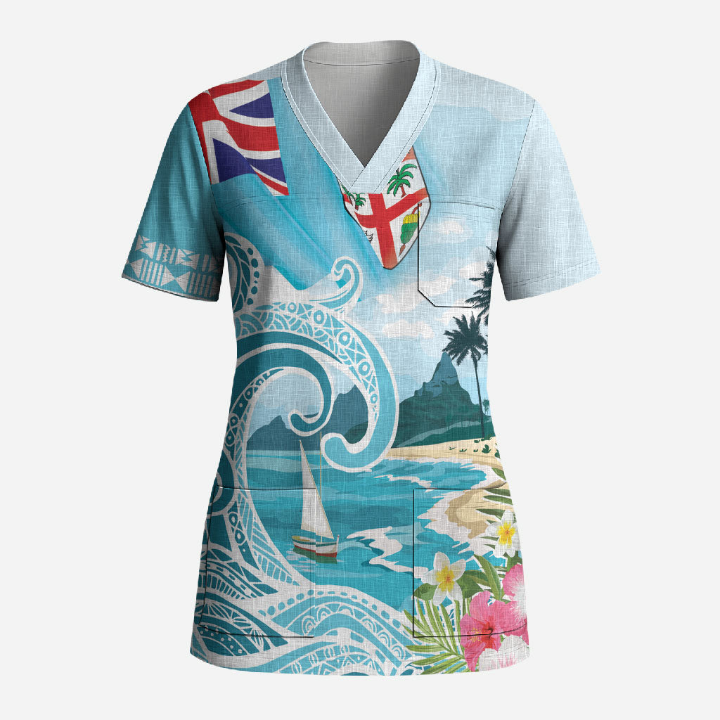 Bula Fiji Seascape Scrub Top Fiji Day - Islands Heritage LT7 Adult Multicolor - Polynesian Pride