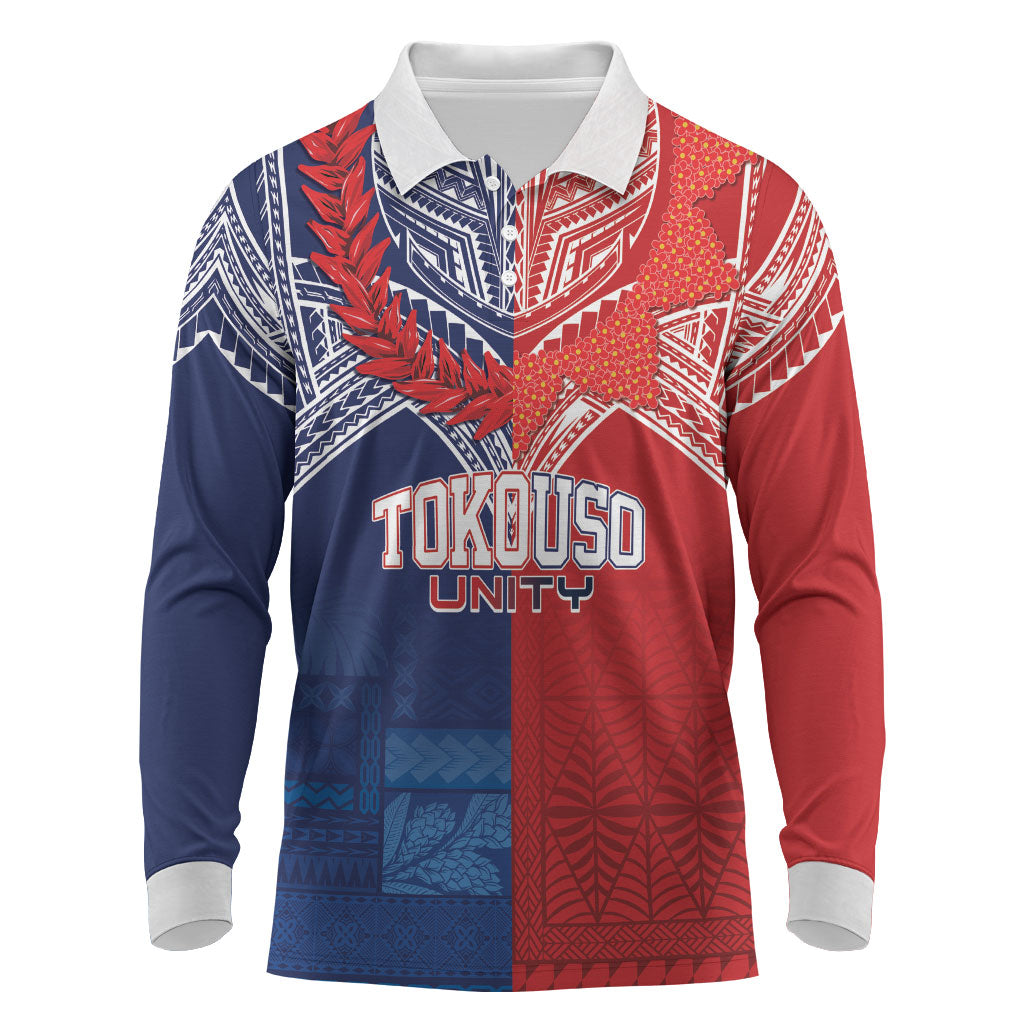 TokoUso Tonga Samoa Brothers Forever Custom Long Sleeve Polo Shirt Ulafala and Heilala Unity LT7 Red Blue - Polynesian Pride