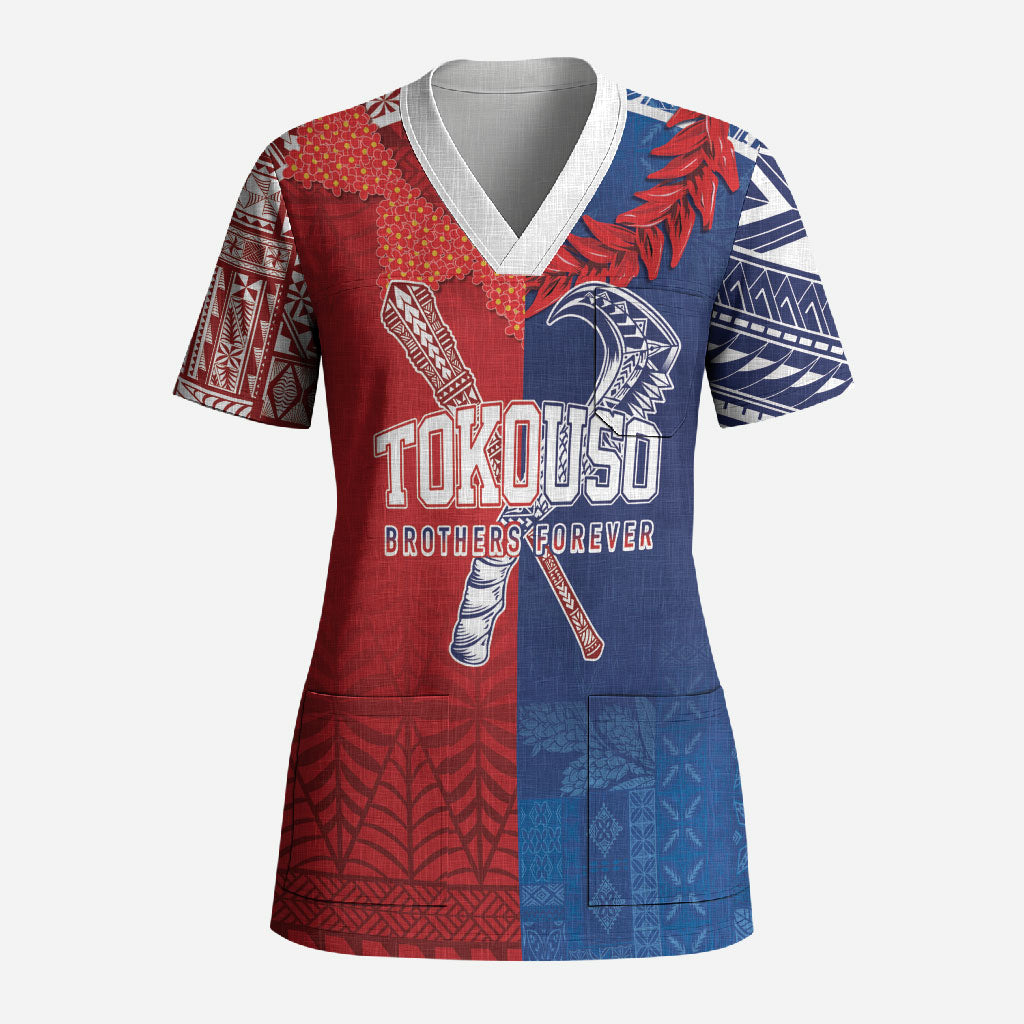 TokoUso Custom Tonga and Samoa Scrub Top Warriors War Clubs LT7 Adult Blue Red - Polynesian Pride
