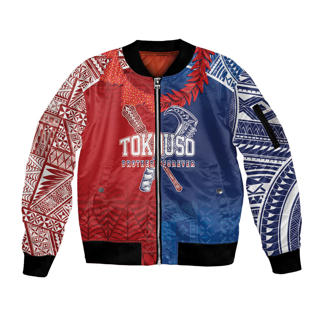 TokoUso Custom Tonga and Samoa Sleeve Zip Bomber Jacket Warriors War Clubs LT7 Unisex Blue Red - Polynesian Pride