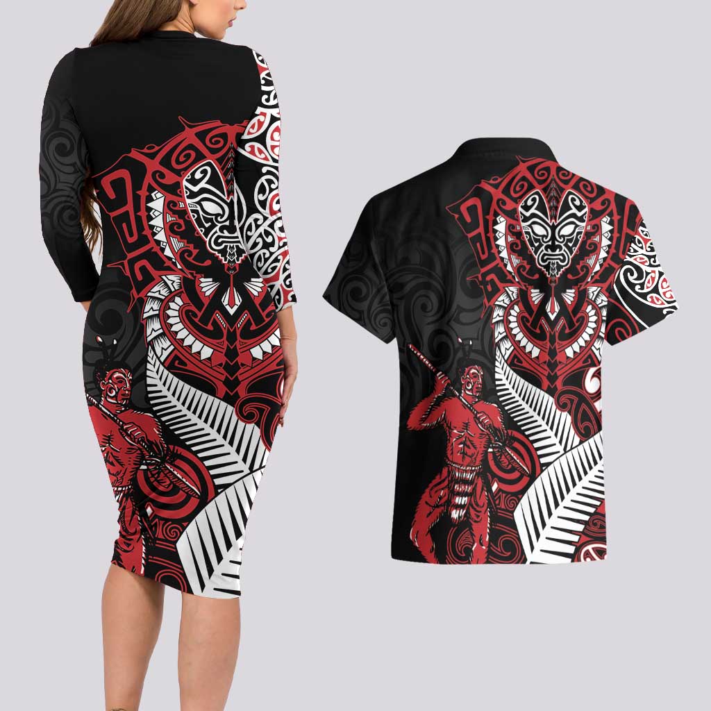 Aotearoa Toitu Te Tiriti Couples Matching Long Sleeve Bodycon Dress and Hawaiian Shirt Whakairo Wheku