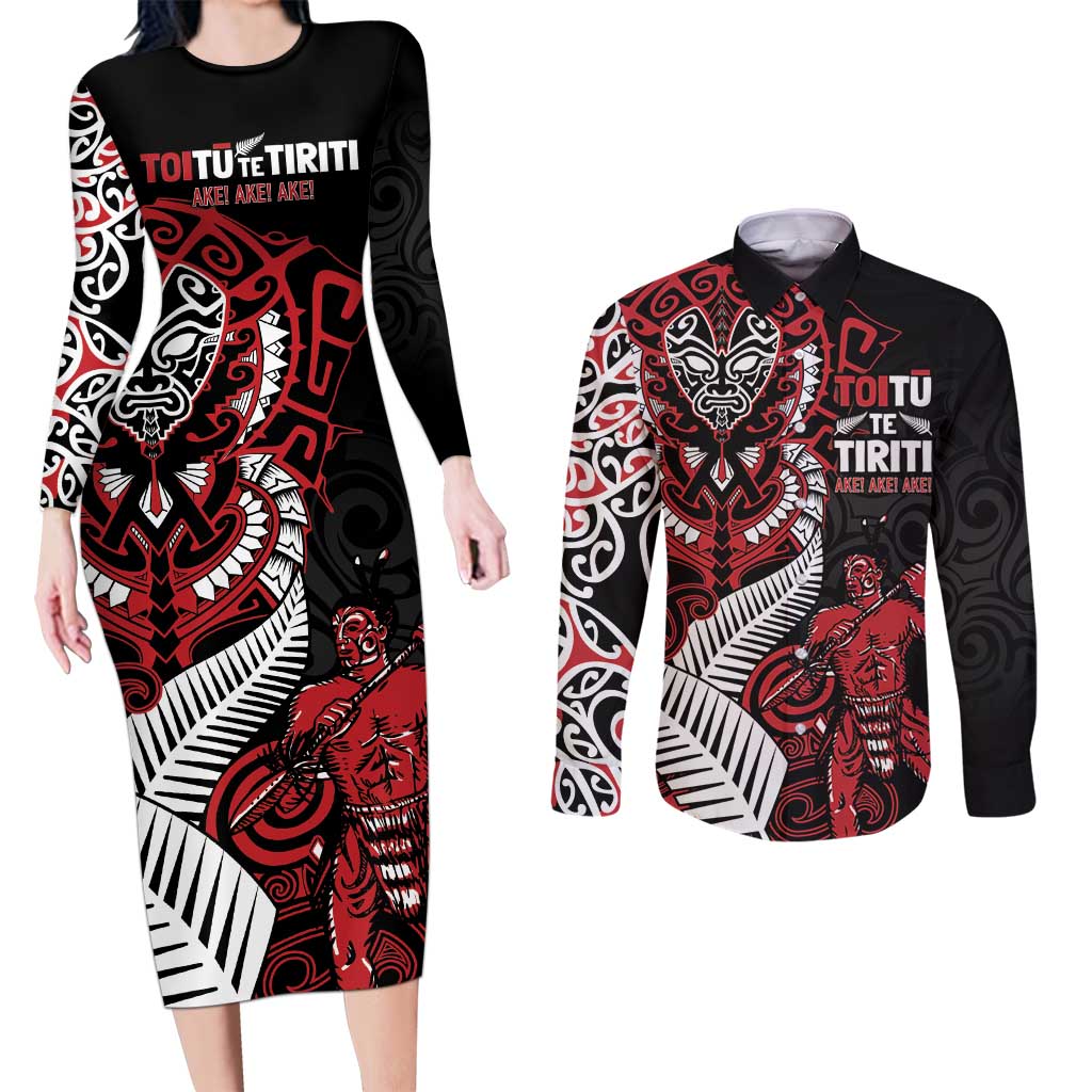 Aotearoa Toitu Te Tiriti Couples Matching Long Sleeve Bodycon Dress and Long Sleeve Button Shirt Whakairo Wheku
