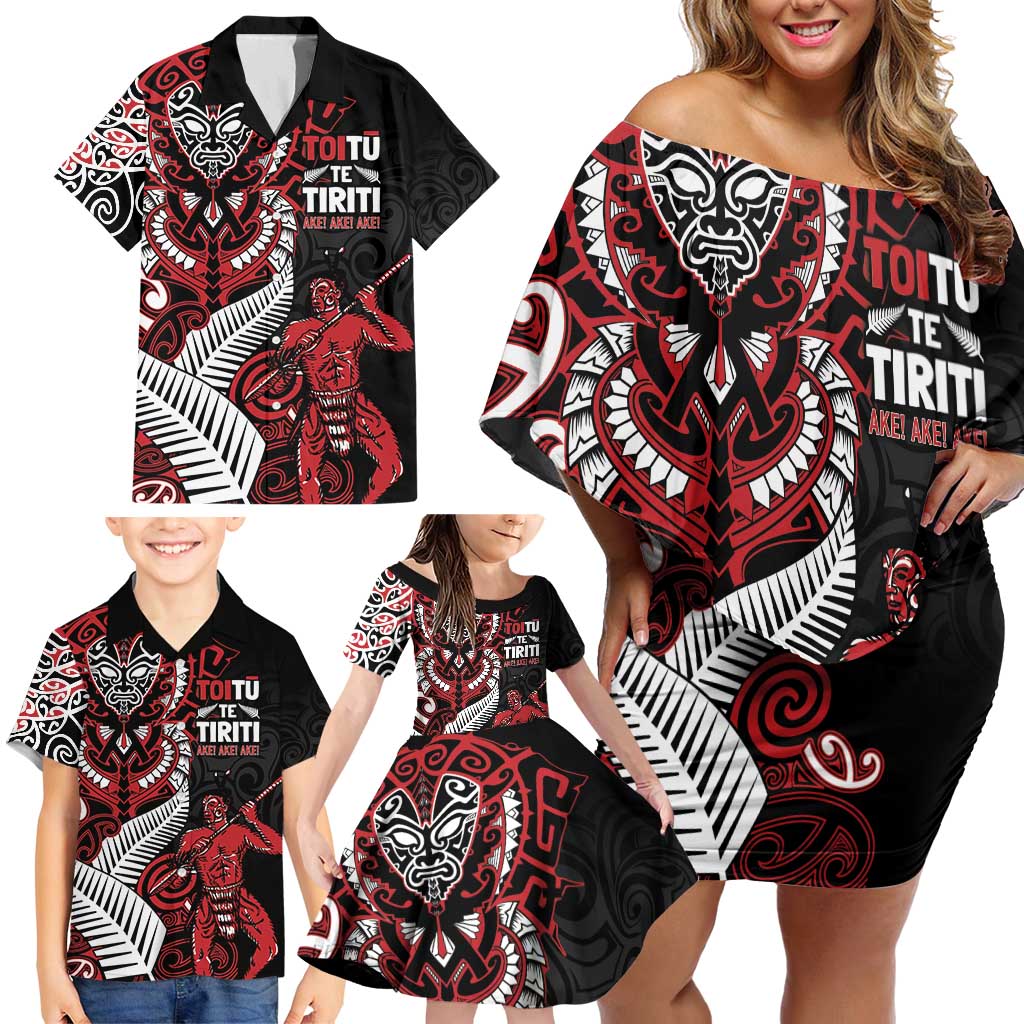 Aotearoa Toitu Te Tiriti Family Matching Off Shoulder Short Dress and Hawaiian Shirt Whakairo Wheku