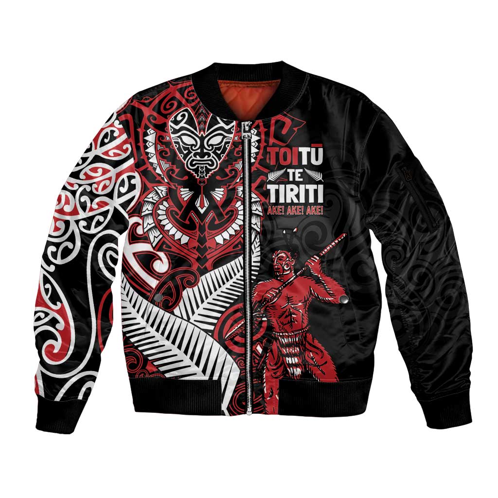 Aotearoa Toitu Te Tiriti Sleeve Zip Bomber Jacket Whakairo Wheku LT7 Unisex Black - Polynesian Pride