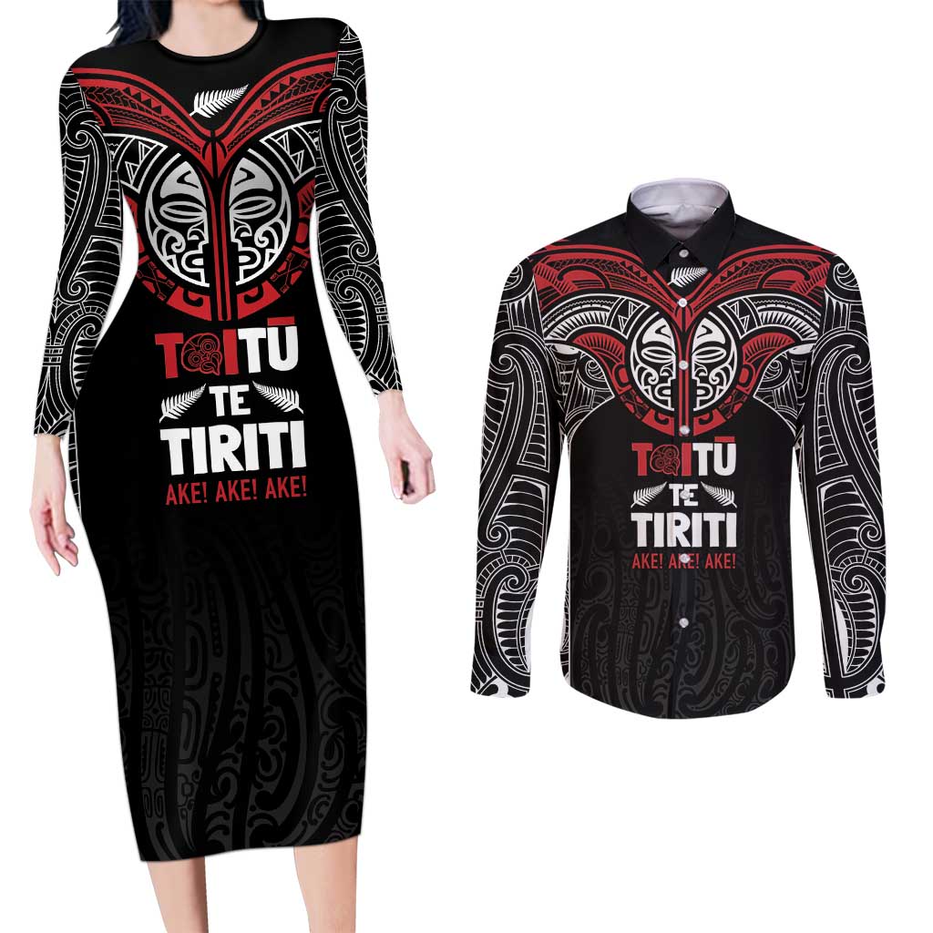 Aotearoa Maori Personalized Couples Matching Long Sleeve Bodycon Dress and Long Sleeve Button Shirt Toitu Te Tiriti Ake! Ake! Ake!