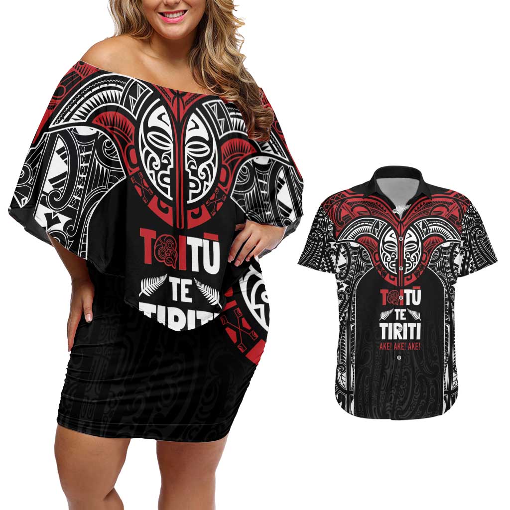Aotearoa Maori Personalized Couples Matching Off Shoulder Short Dress and Hawaiian Shirt Toitu Te Tiriti Ake! Ake! Ake!