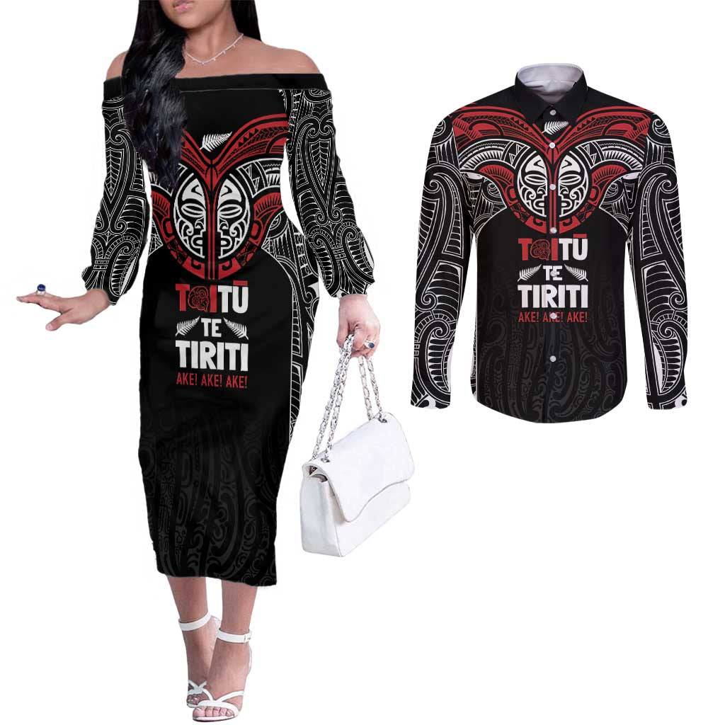 Aotearoa Maori Personalized Couples Matching Off The Shoulder Long Sleeve Dress and Long Sleeve Button Shirt Toitu Te Tiriti Ake! Ake! Ake!