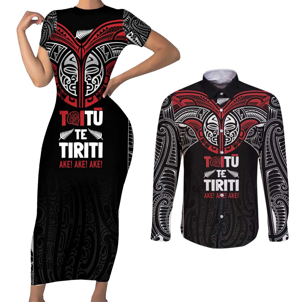 Aotearoa Maori Personalized Couples Matching Short Sleeve Bodycon Dress and Long Sleeve Button Shirt Toitu Te Tiriti Ake! Ake! Ake!