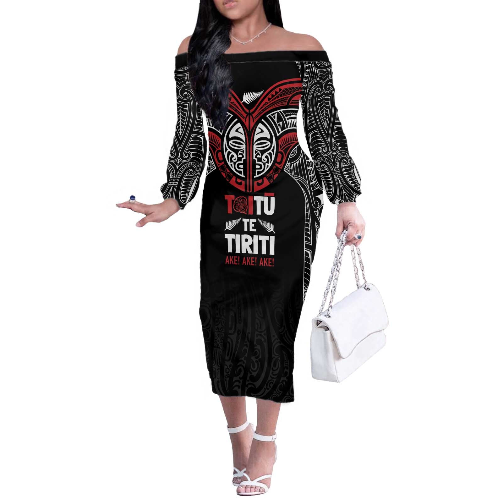 Aotearoa Maori Personalized Off The Shoulder Long Sleeve Dress Toitu Te Tiriti Ake! Ake! Ake!