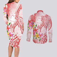 Polynesian Women's Day Wahine Couples Matching Long Sleeve Bodycon Dress and Long Sleeve Button Shirt Plumeria Marble Glaze - Pink LT7 - Polynesian Pride