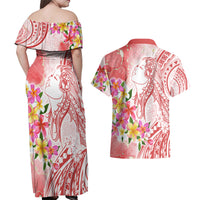 Polynesian Women's Day Wahine Couples Matching Off Shoulder Maxi Dress and Hawaiian Shirt Plumeria Marble Glaze - Pink LT7 - Polynesian Pride