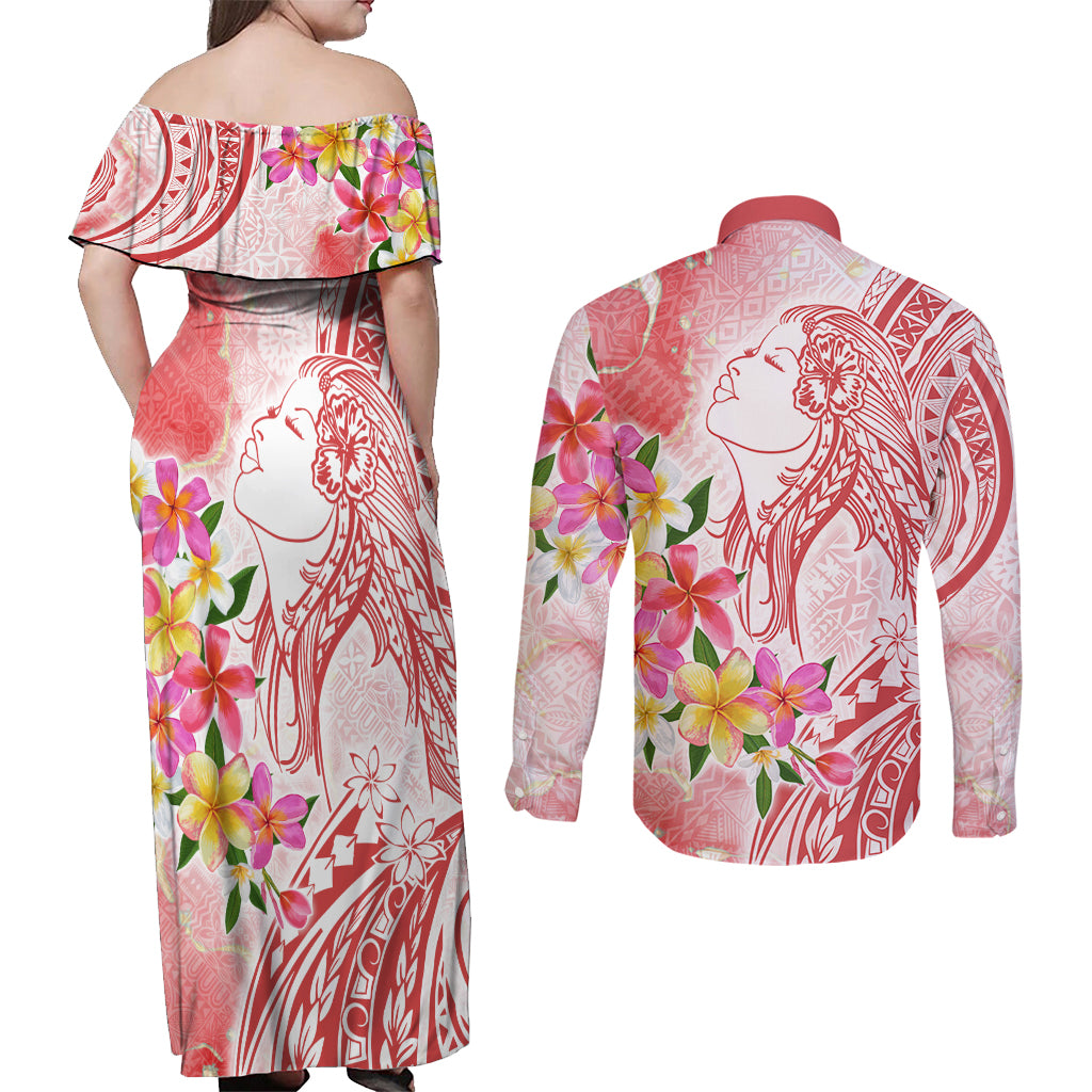 Polynesian Women's Day Wahine Couples Matching Off Shoulder Maxi Dress and Long Sleeve Button Shirt Plumeria Marble Glaze - Pink LT7 - Polynesian Pride