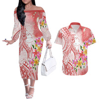 Polynesian Women's Day Wahine Couples Matching Off The Shoulder Long Sleeve Dress and Hawaiian Shirt Plumeria Marble Glaze - Pink LT7 Pink - Polynesian Pride