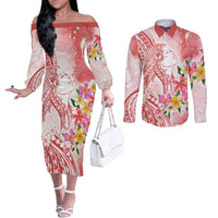 Polynesian Women's Day Wahine Couples Matching Off The Shoulder Long Sleeve Dress and Long Sleeve Button Shirt Plumeria Marble Glaze - Pink LT7 Pink - Polynesian Pride