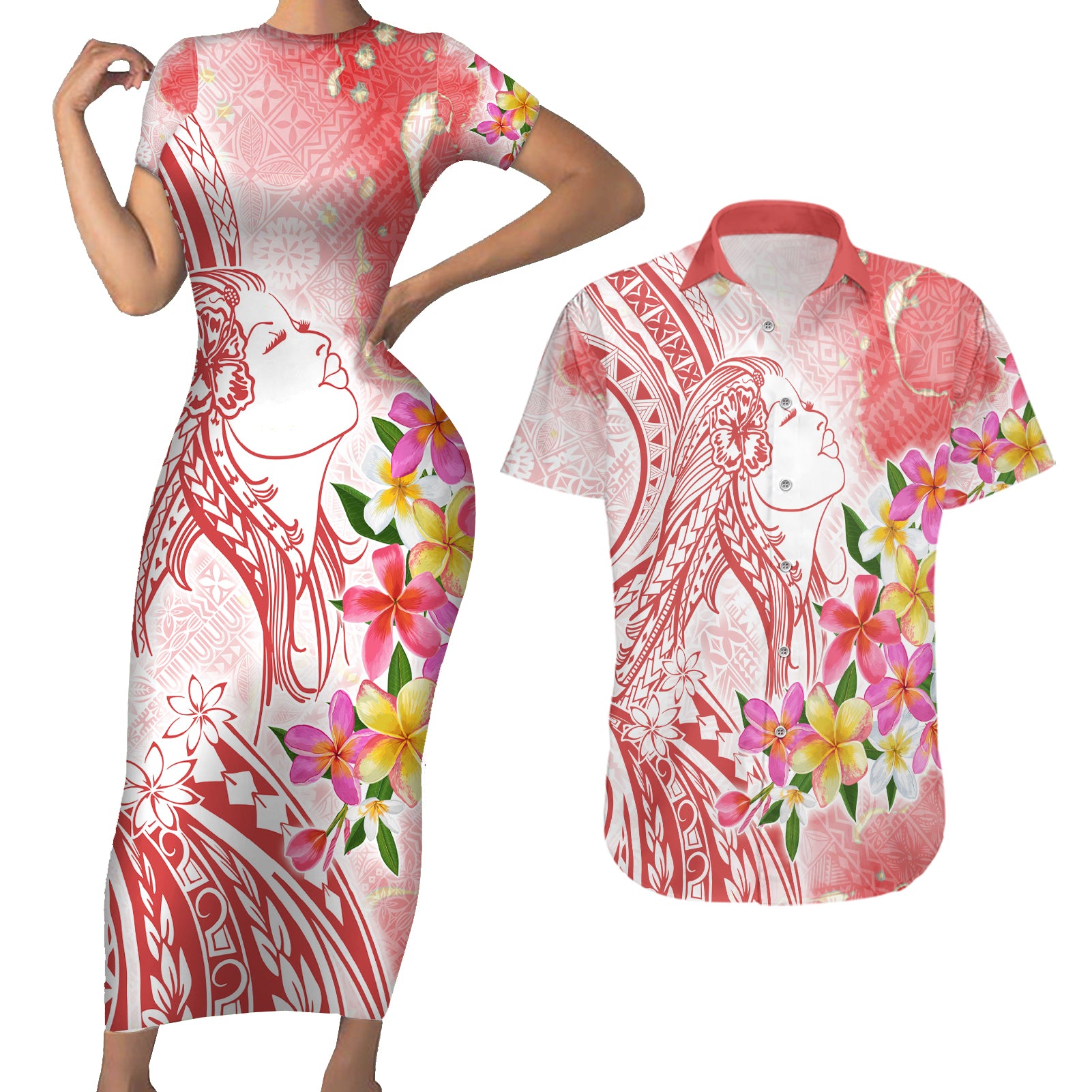 Polynesian Women's Day Wahine Couples Matching Short Sleeve Bodycon Dress and Hawaiian Shirt Plumeria Marble Glaze - Pink LT7 Pink - Polynesian Pride