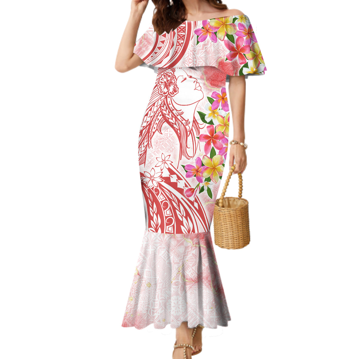 Polynesian Women's Day Wahine Family Matching Mermaid Dress and Hawaiian Shirt Plumeria Marble Glaze - Pink LT7 Mom's Dress Pink - Polynesian Pride