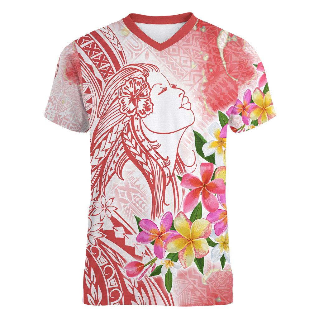 Polynesian Women's Day Wahine Women V Neck T Shirt Plumeria Marble Glaze - Pink LT7 Female Pink - Polynesian Pride