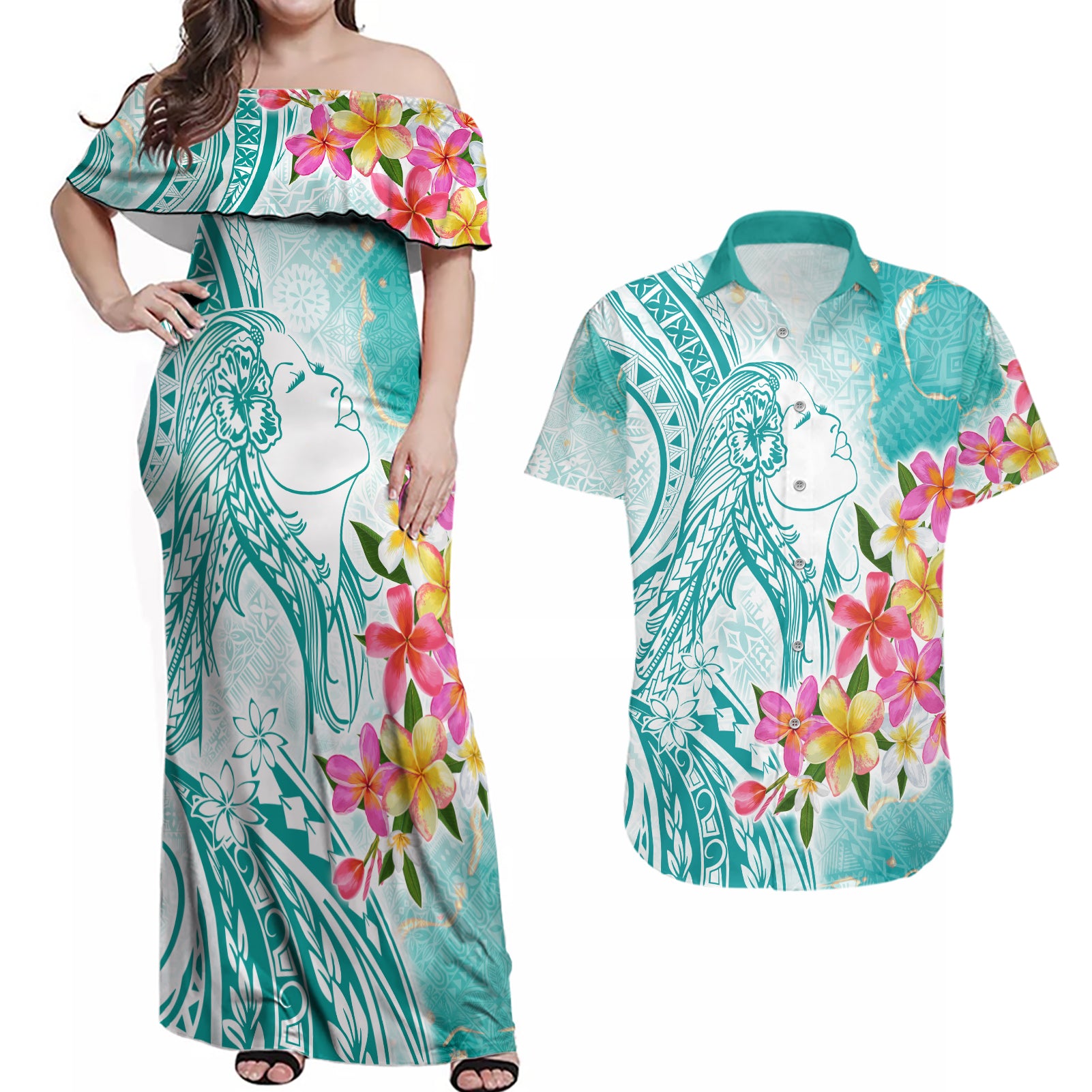 Polynesian Women's Day Wahine Couples Matching Off Shoulder Maxi Dress and Hawaiian Shirt Plumeria Marble Glaze - Teal LT7 Teal - Polynesian Pride