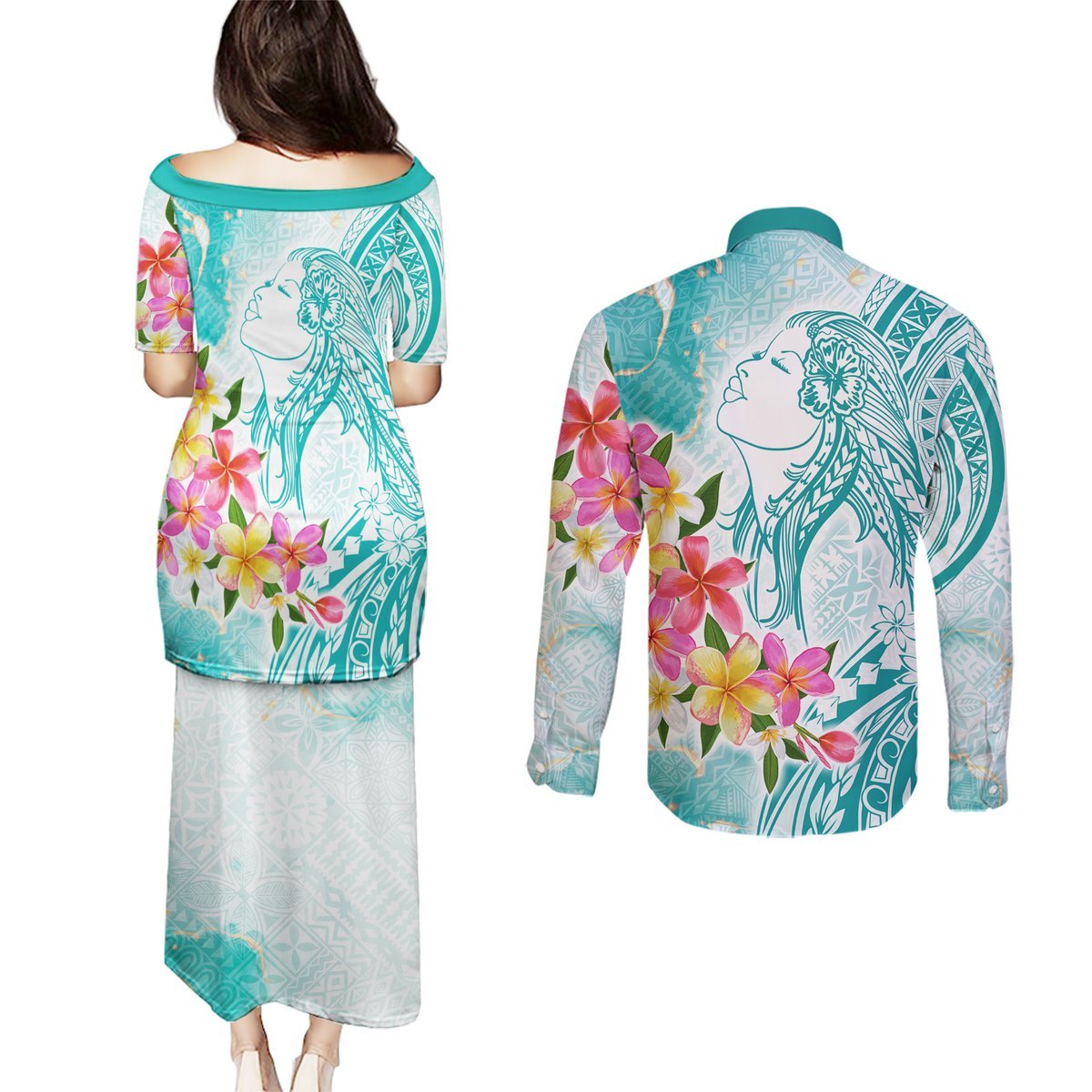 Polynesian Women's Day Wahine Couples Matching Puletasi and Long Sleeve Button Shirt Plumeria Marble Glaze - Teal LT7 - Polynesian Pride