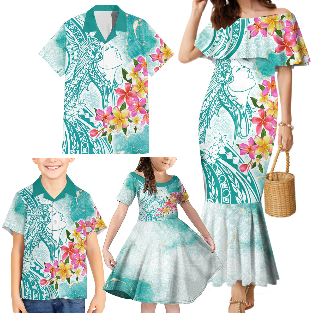 Polynesian Women's Day Wahine Family Matching Mermaid Dress and Hawaiian Shirt Plumeria Marble Glaze - Teal LT7 - Polynesian Pride
