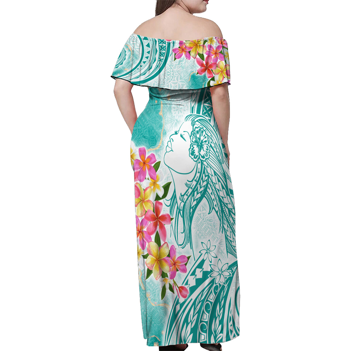 Polynesian Women's Day Wahine Family Matching Off Shoulder Maxi Dress and Hawaiian Shirt Plumeria Marble Glaze - Teal LT7 - Polynesian Pride