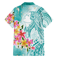 Polynesian Women's Day Wahine Family Matching Off Shoulder Short Dress and Hawaiian Shirt Plumeria Marble Glaze - Teal LT7 - Polynesian Pride