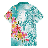 Polynesian Women's Day Wahine Family Matching Short Sleeve Bodycon Dress and Hawaiian Shirt Plumeria Marble Glaze - Teal LT7 - Polynesian Pride