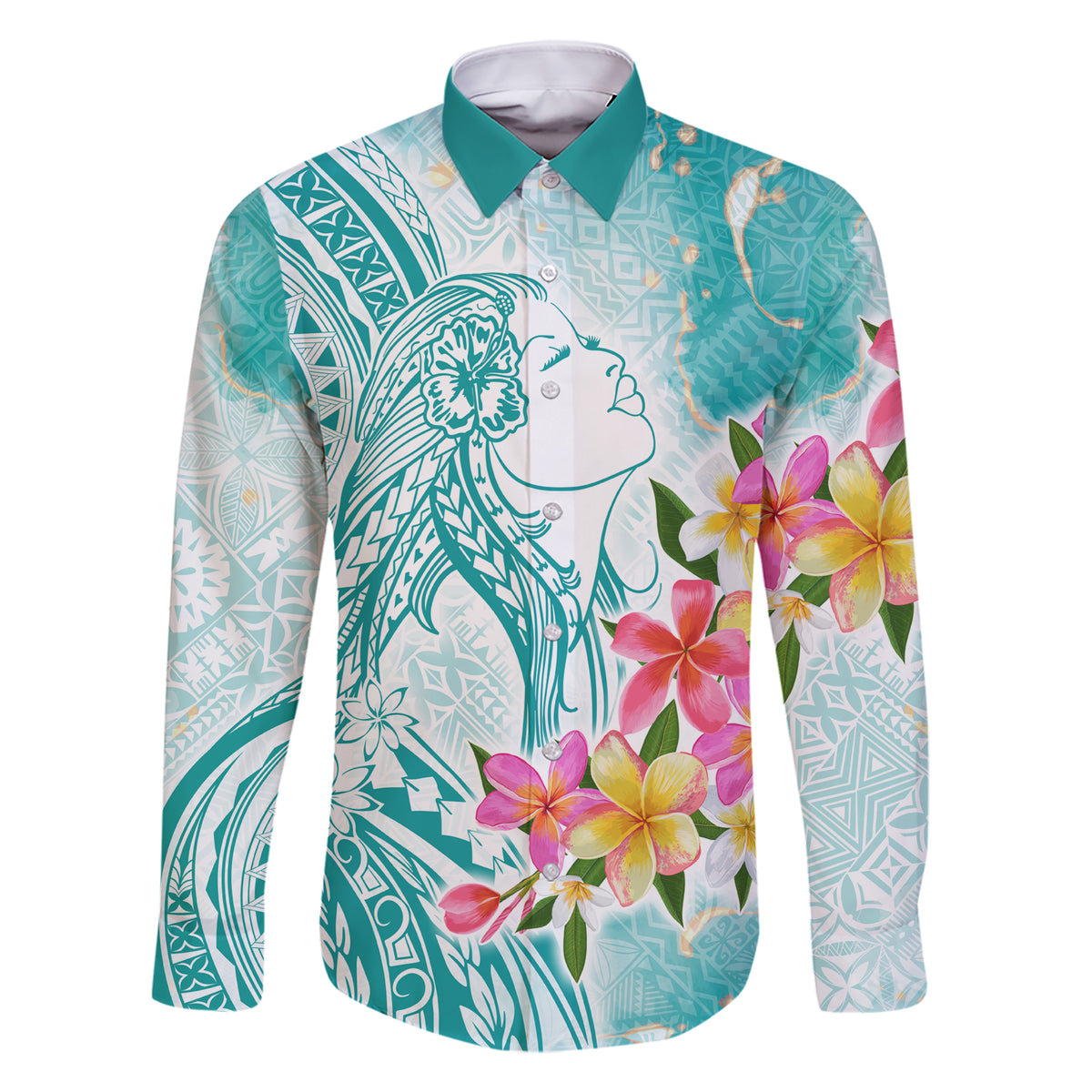 Polynesian Women's Day Wahine Family Matching Short Sleeve Bodycon Dress and Hawaiian Shirt Plumeria Marble Glaze - Teal LT7 Dad's Shirt - Long Sleeve Teal - Polynesian Pride