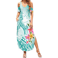 Polynesian Women's Day Wahine Family Matching Summer Maxi Dress and Hawaiian Shirt Plumeria Marble Glaze - Teal LT7 Mom's Dress Teal - Polynesian Pride