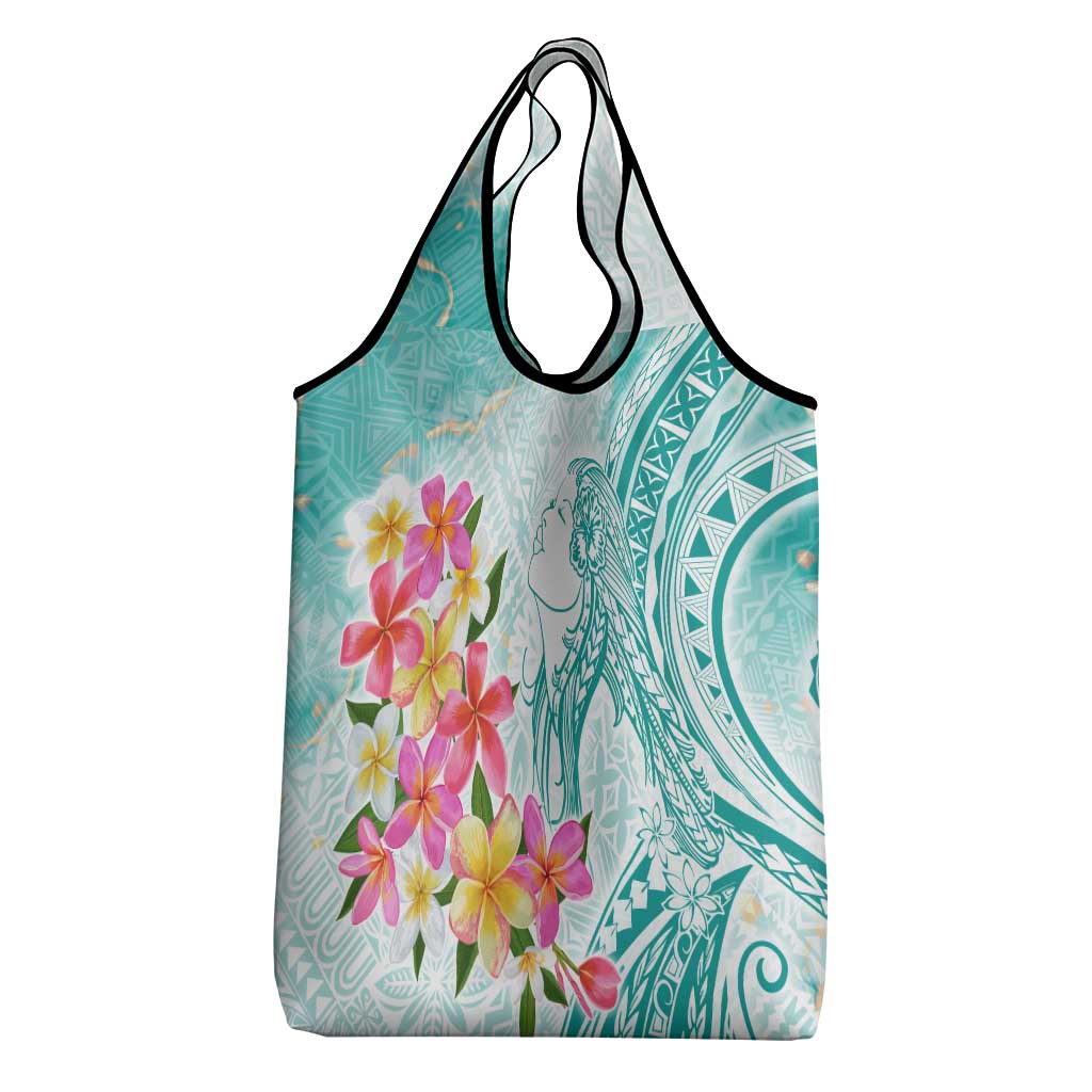 Polynesian Women's Day Wahine Grocery Bag Plumeria Marble Glaze - Teal