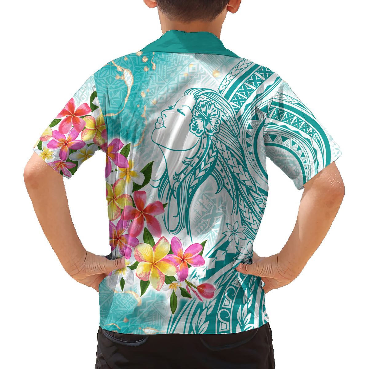Polynesian Women's Day Wahine Kid Hawaiian Shirt Plumeria Marble Glaze - Teal LT7 - Polynesian Pride