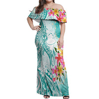 Polynesian Women's Day Wahine Off Shoulder Maxi Dress Plumeria Marble Glaze - Teal LT7 Women Teal - Polynesian Pride