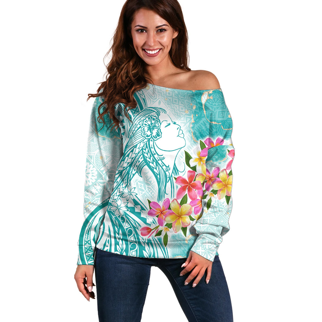 Polynesian Women's Day Wahine Off Shoulder Sweater Plumeria Marble Glaze - Teal LT7 Women Teal - Polynesian Pride