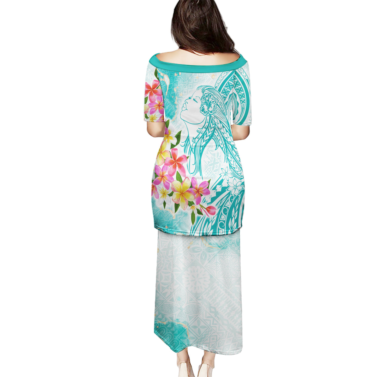 Polynesian Women's Day Wahine Puletasi Plumeria Marble Glaze - Teal LT7 - Polynesian Pride