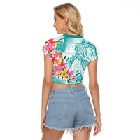 Polynesian Women's Day Wahine Raglan Cropped T Shirt Plumeria Marble Glaze - Teal LT7 - Polynesian Pride