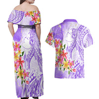 Polynesian Women's Day Wahine Couples Matching Off Shoulder Maxi Dress and Hawaiian Shirt Plumeria Marble Glaze - Purple LT7 - Polynesian Pride