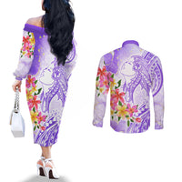 Polynesian Women's Day Wahine Couples Matching Off The Shoulder Long Sleeve Dress and Long Sleeve Button Shirt Plumeria Marble Glaze - Purple LT7 - Polynesian Pride