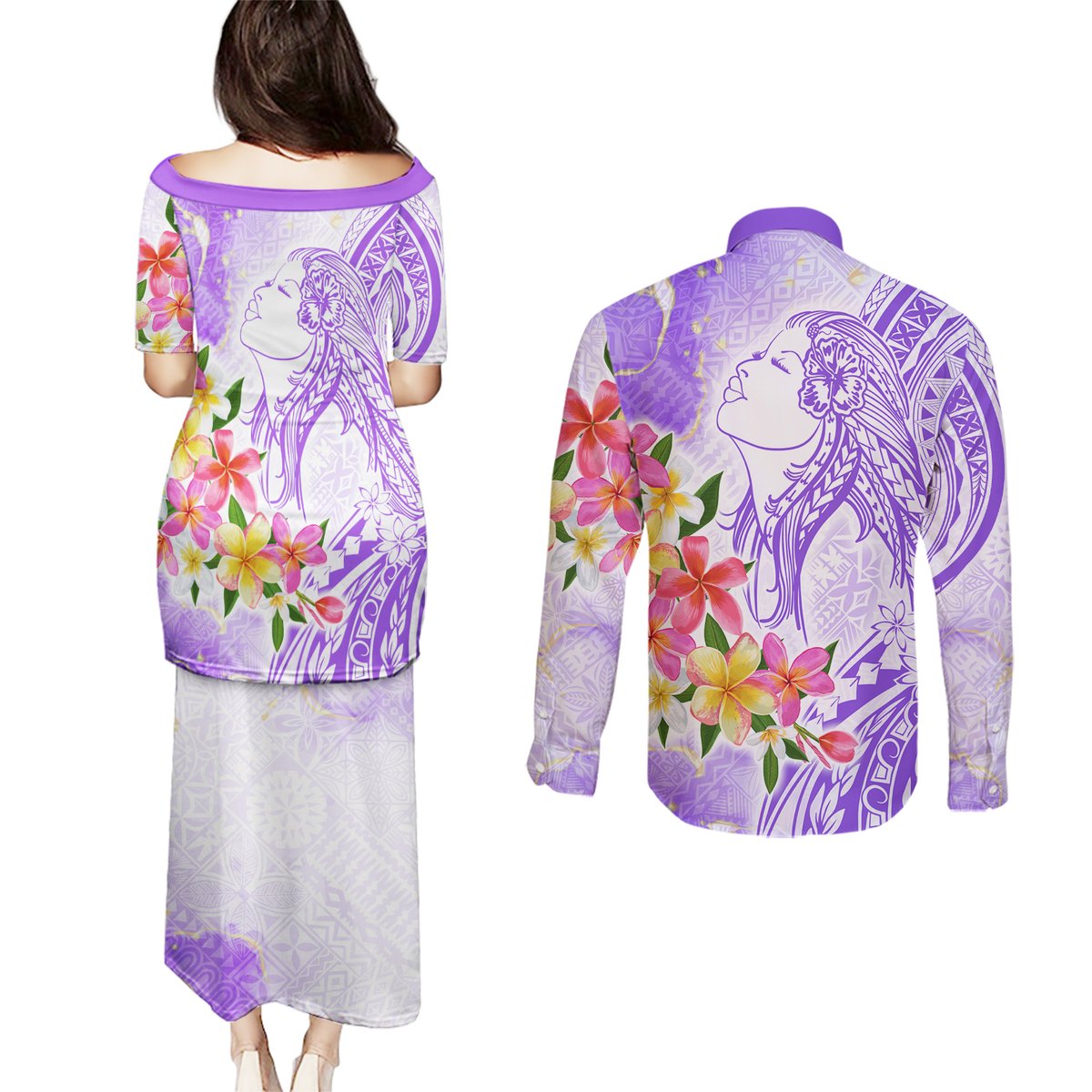 Polynesian Women's Day Wahine Couples Matching Puletasi and Long Sleeve Button Shirt Plumeria Marble Glaze - Purple LT7 - Polynesian Pride