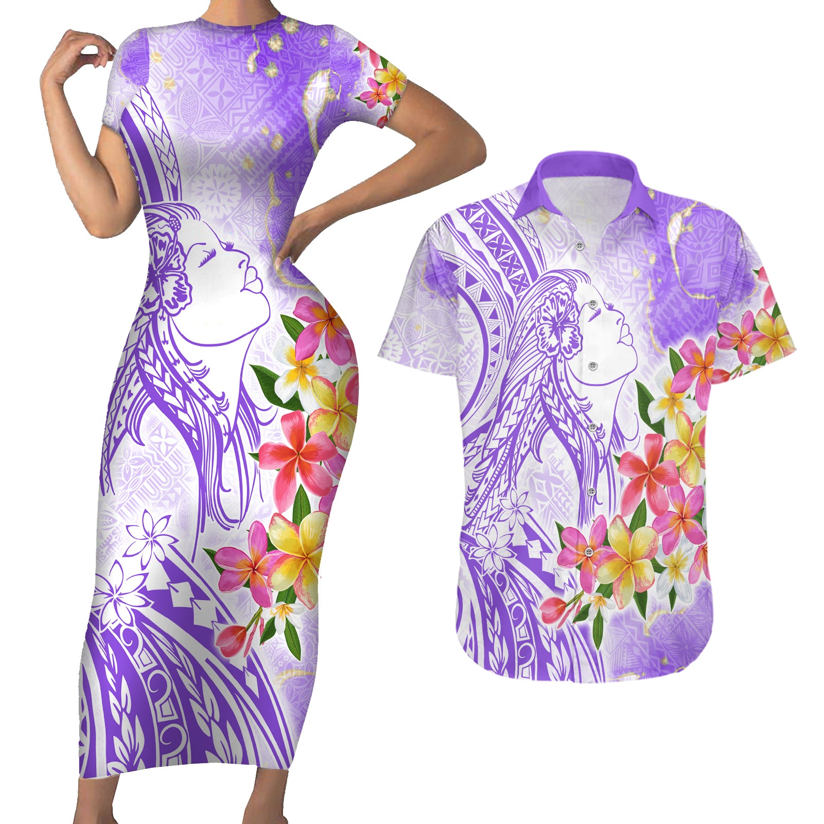 Polynesian Women's Day Wahine Couples Matching Short Sleeve Bodycon Dress and Hawaiian Shirt Plumeria Marble Glaze - Purple LT7 Purple - Polynesian Pride