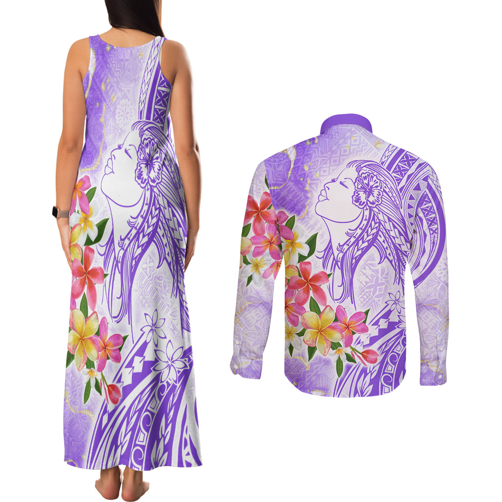Polynesian Women's Day Wahine Couples Matching Tank Maxi Dress and Long Sleeve Button Shirt Plumeria Marble Glaze - Purple LT7 - Polynesian Pride