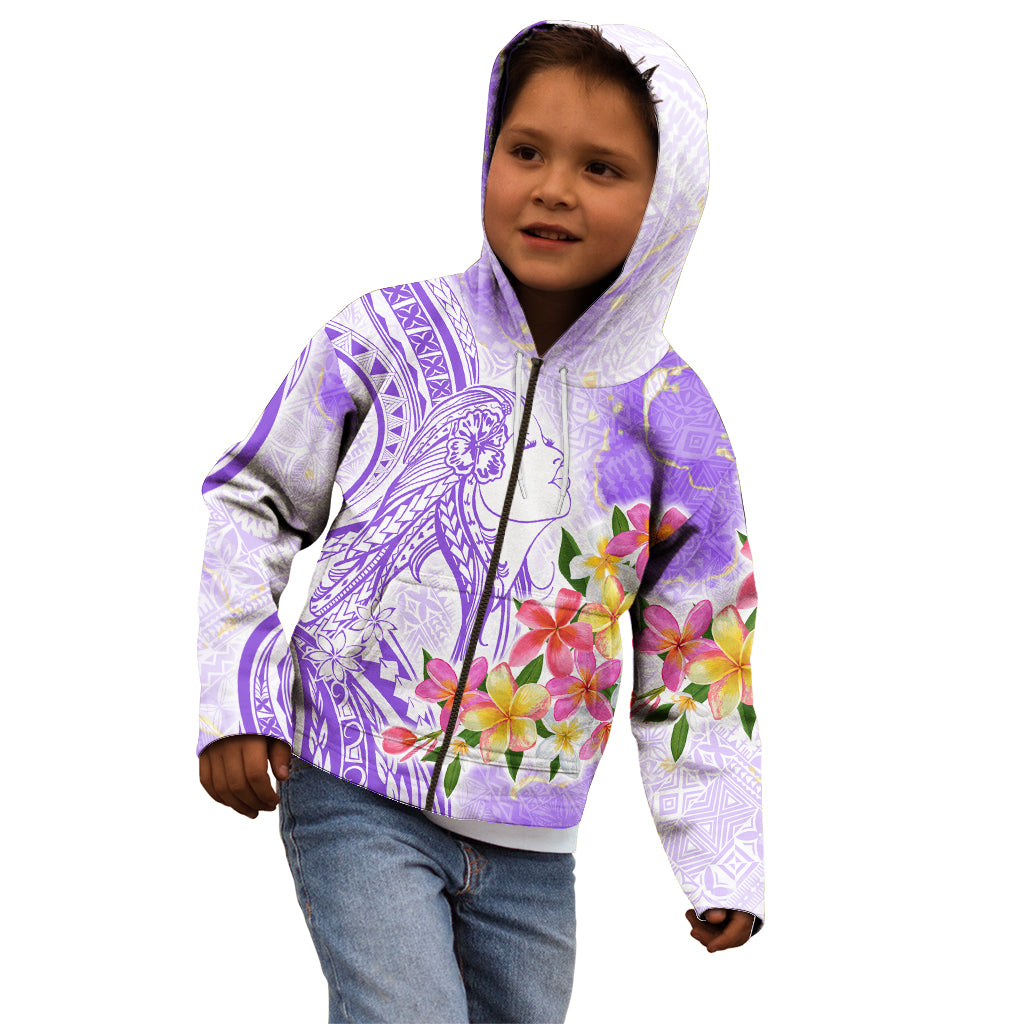Polynesian Women's Day Wahine Kid Hoodie Plumeria Marble Glaze - Purple LT7 - Polynesian Pride