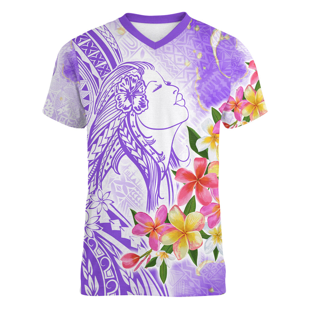 Polynesian Women's Day Wahine Women V Neck T Shirt Plumeria Marble Glaze - Purple LT7 Female Purple - Polynesian Pride